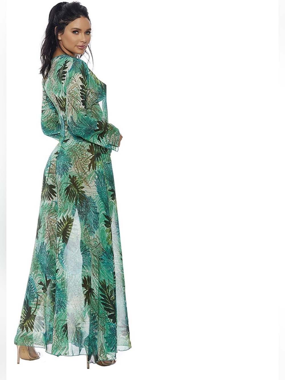 NWT Tropic Of Discussion Green Tropical Print Sheer Maxi Dress L - Picture 3 of 5